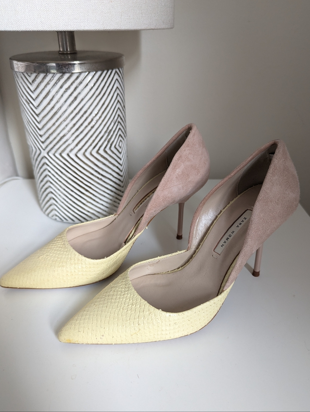 Zara Two Tone Heels in Tan Suede & Yellow Leather | Size 6